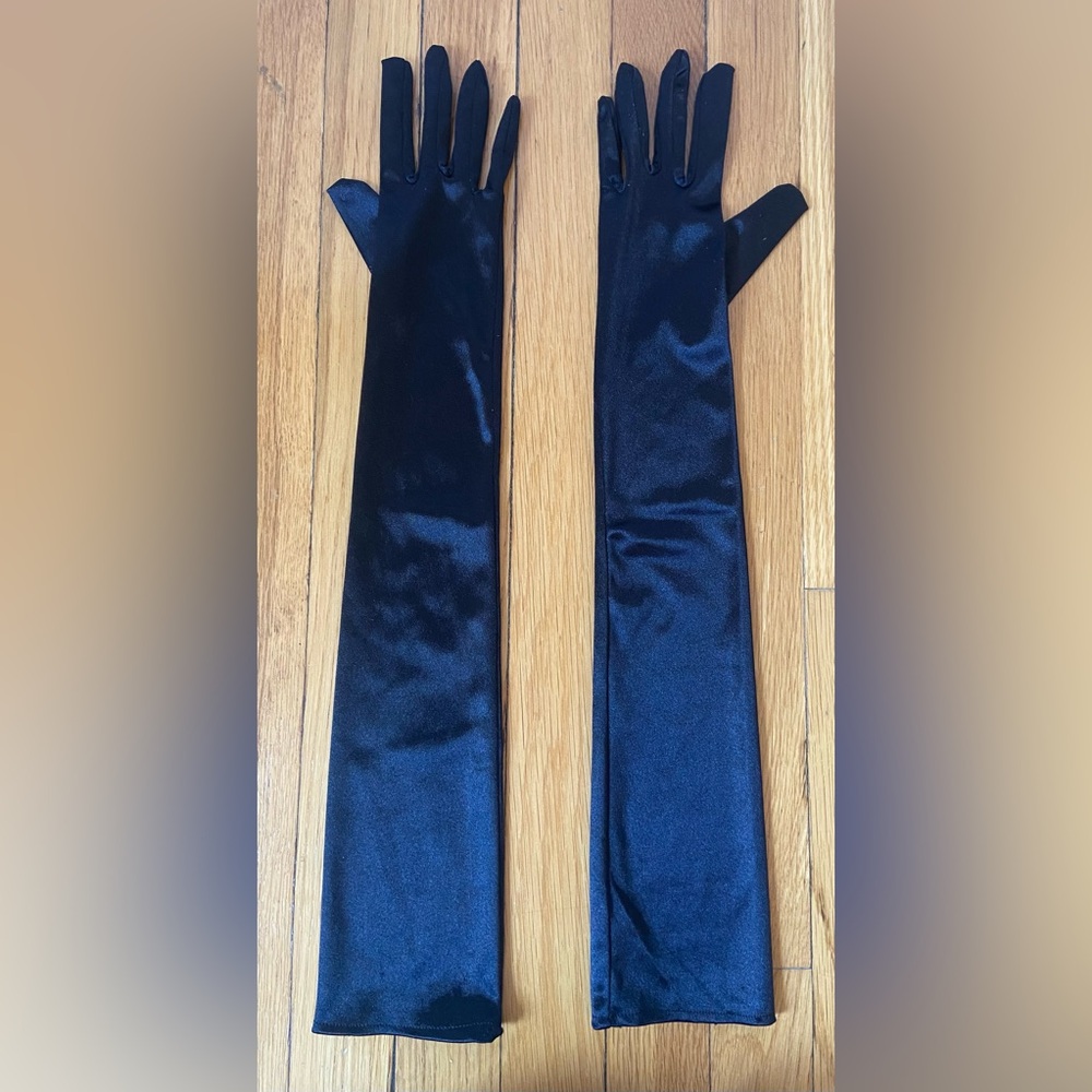 Elegant Black Stretchy Gloves Special Occassion | One Size | Black Satin Look